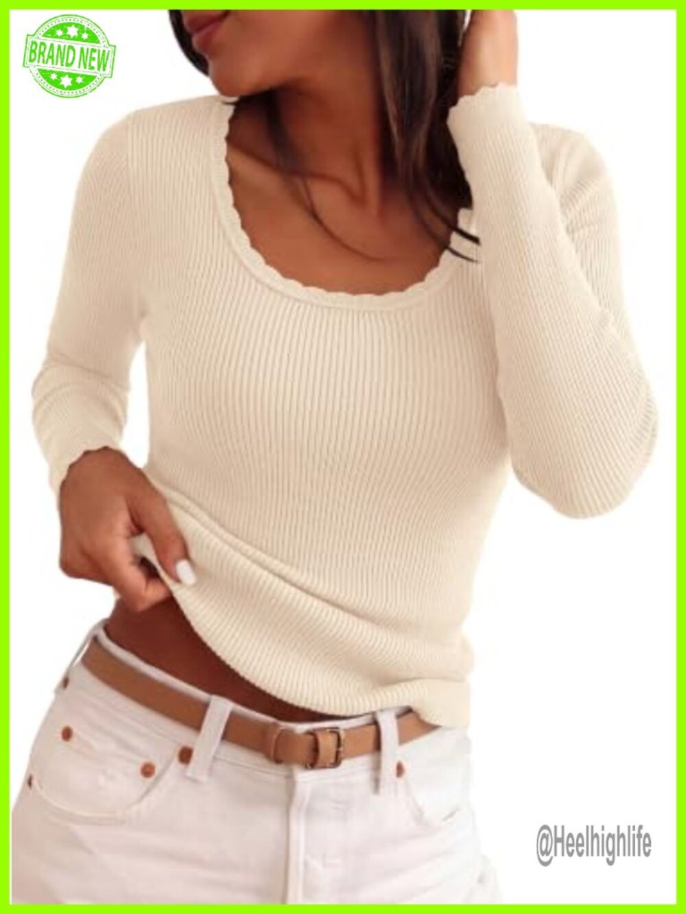 Women's Ribbed Knit Scoop Neck Long Sleeve Pullover Sweater